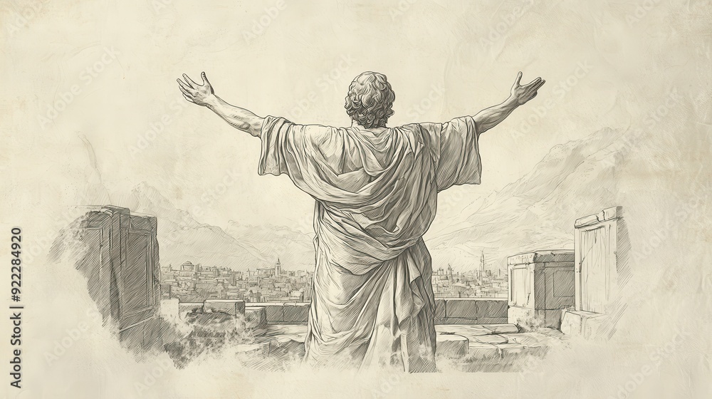 Fototapeta premium Biblical Illustration: David, with arms raised, leads a prayer of dedication as the Ark is set in its place within Jerusalem, set against a beige background for Bible wall art.