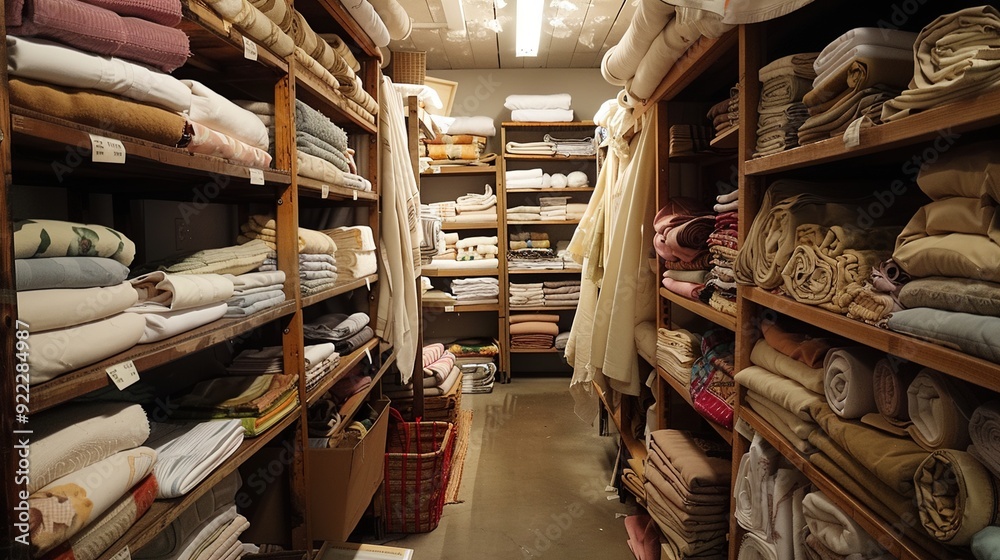 Fototapeta premium A store room with shelves of neatly folded linens and textiles.