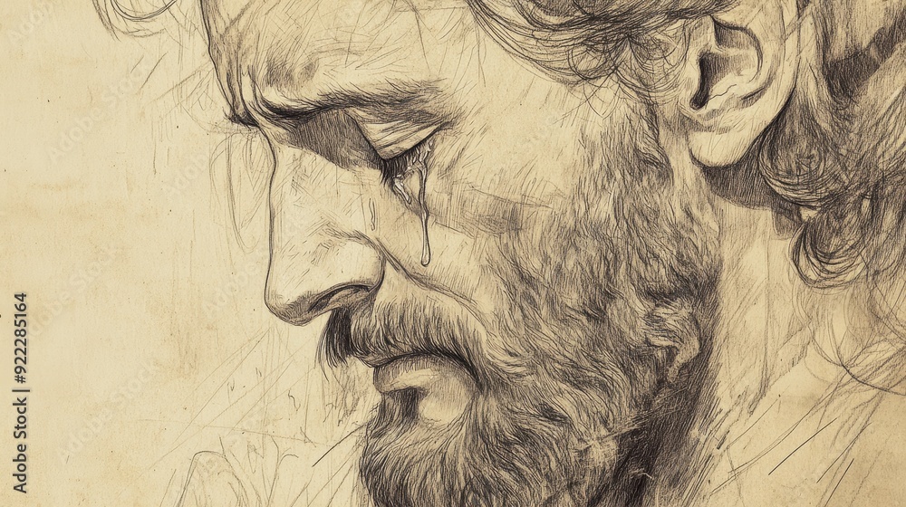 Biblical Illustration of David Hears Saul's Death: David's Tear-Streaked Face in Sorrow Over Jonathan's Death, 2 Samuel Scene, Bible Wall Art on Beige Background for Emotional Reflection Biblical Illustration of David Hears Saul's Death: David's Tear-Streaked Face in Sorrow Over Jonathan's Death, 2 Samuel Scene, Bible Wall Art on Beige Background for Emotional Reflection
