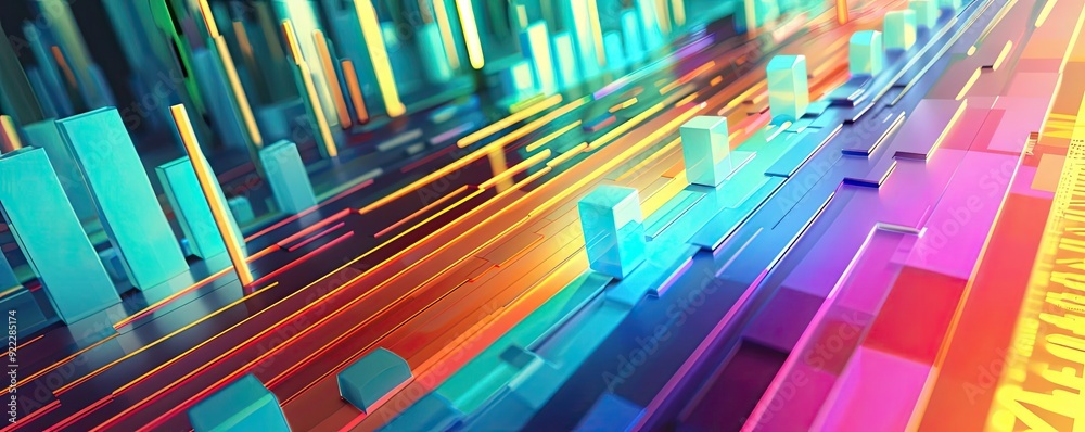 Vibrant data visualization featuring colorful bars and lines representing digital trends and analytics in a futuristic design. Vibrant data visualization featuring colorful bars and lines representing digital trends and analytics in a futuristic design.