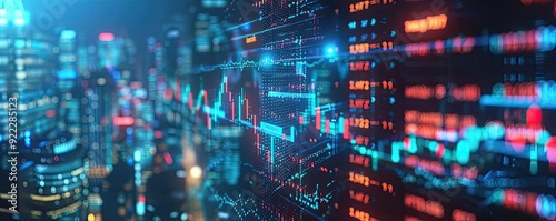Wallpaper Mural A vibrant city skyline illuminated with financial data visuals, symbolizing technology, trade, and market trends in the digital age. Torontodigital.ca