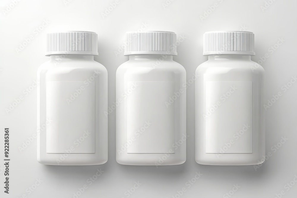 A minimalist and clean image of three white pill bottles standing in a row against a neutral background symbolizing the simplicity clarity and organization of modern pharmaceutical in healthcare A minimalist and clean image of three white pill bottles standing in a row against a neutral background symbolizing the simplicity clarity and organization of modern pharmaceutical in healthcare