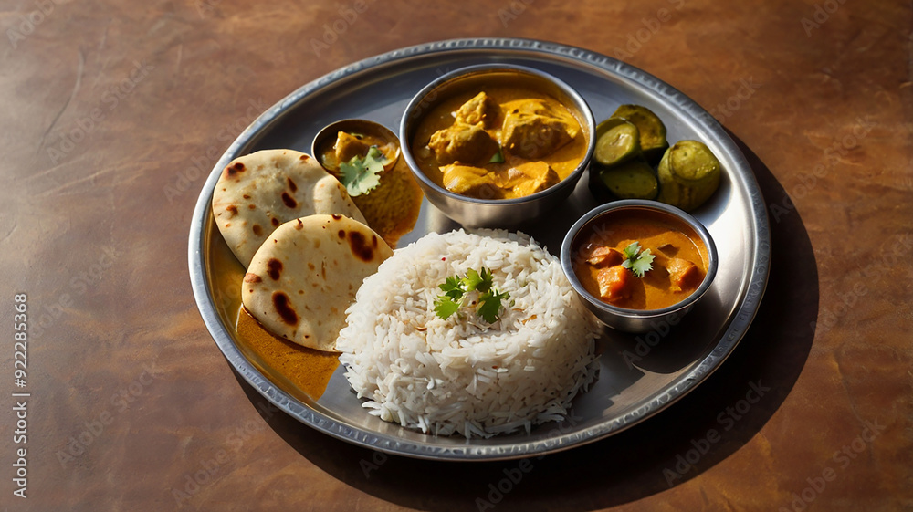 A Complete Indian Meal Served On A Traditional Metal Plate, With Small Bowls Of Curry, Rice, Roti, And Pickles, Food Menu Image A Complete Indian Meal Served On A Traditional Metal Plate, With Small Bowls Of Curry, Rice, Roti, And Pickles, Food Menu Image
