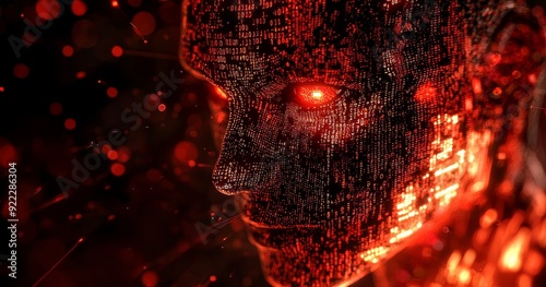 Animated face of a genderless individual on an abstract red glowing background. Evil stock threat posed by an incompetent and malicious computer program.