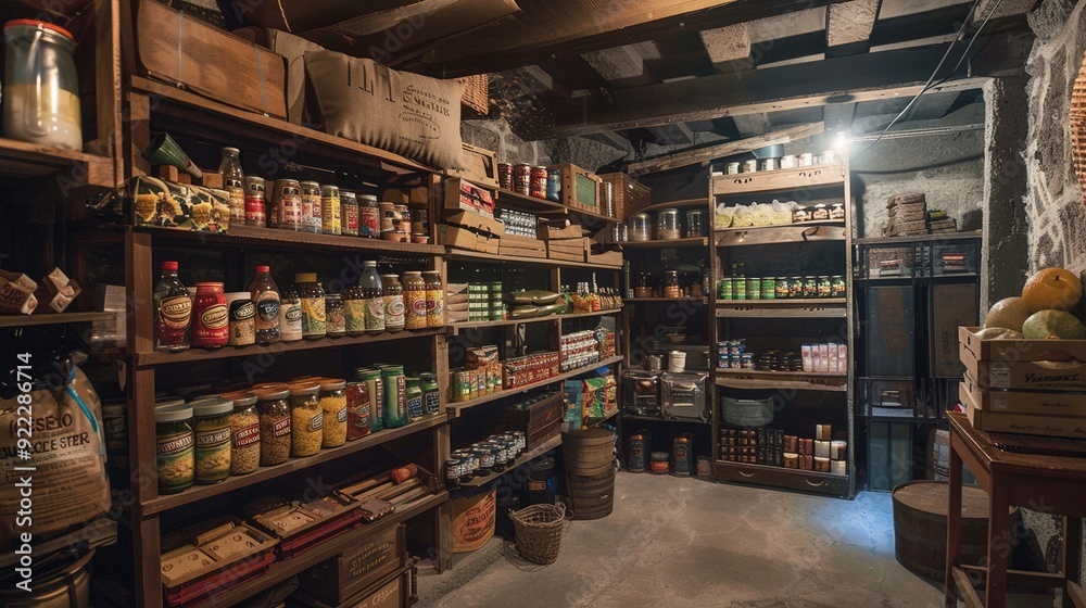 A store room with wooden shelves holding a variety of food items and canned goods, with a cold storage section. A store room with wooden shelves holding a variety of food items and canned goods, with a cold storage section.