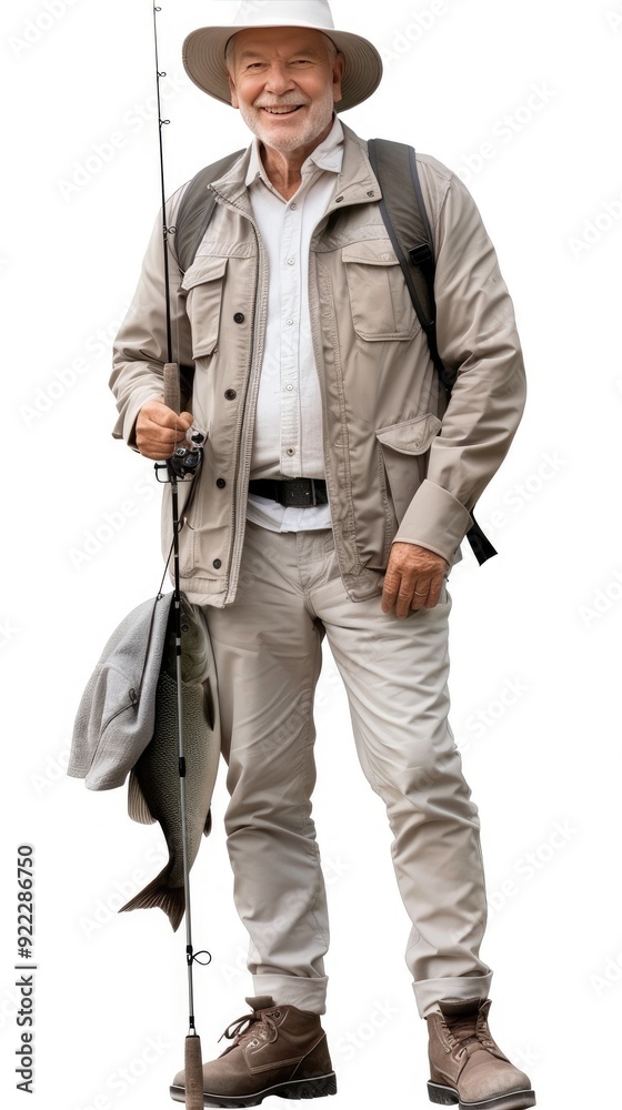 Joyful angler triumphantly displays his catch of a carp while standing against a crisp white backdrop Joyful angler triumphantly displays his catch of a carp while standing against a crisp white backdrop