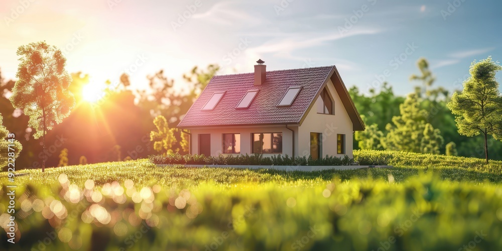 A small house with a white roof sits in a grassy field A small house with a white roof sits in a grassy field