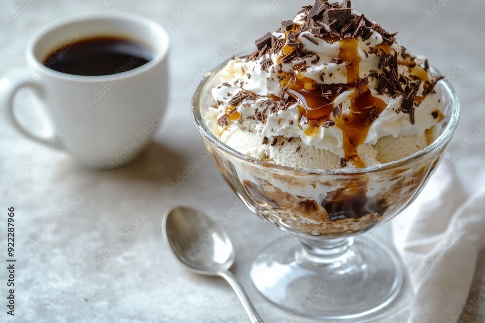 decadent coffee ice cream sundae, topped with whipped cream, chocolate shavings, and a drizzle of caramel sauce, served in a glass bowl with a spoon and a cup of coffee on the side decadent coffee ice cream sundae, topped with whipped cream, chocolate shavings, and a drizzle of caramel sauce, served in a glass bowl with a spoon and a cup of coffee on the side