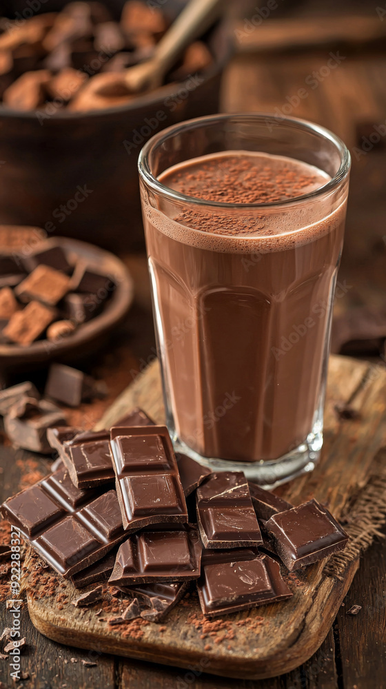 A glass of chocolate milk is poured into a wooden table. There are chocolate chips scattered around the table A glass of chocolate milk is poured into a wooden table. There are chocolate chips scattered around the table