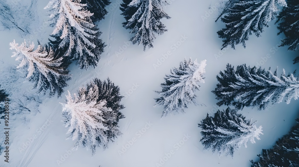 Aerial view of snow-covered trees in a winter forest. Aerial view of snow-covered trees in a winter forest.
