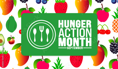 Hunger Action Month is observed every year in September. Holiday concept. Template for background, banner, card, poster, placard, design template with unique shapes with standard color.