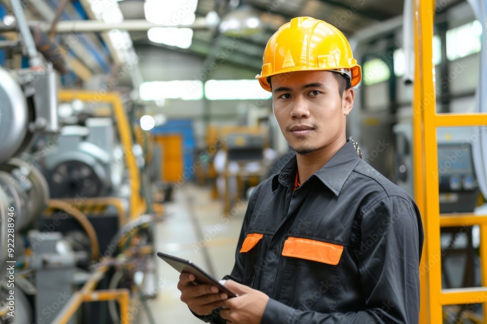 Industrial Innovation: A young engineer, focused and confident, oversees operations on the factory floor with a tablet in hand, showcasing the blend of technology and skilled labor in modern manufactu Industrial Innovation: A young engineer, focused and confident, oversees operations on the factory floor with a tablet in hand, showcasing the blend of technology and skilled labor in modern manufactu