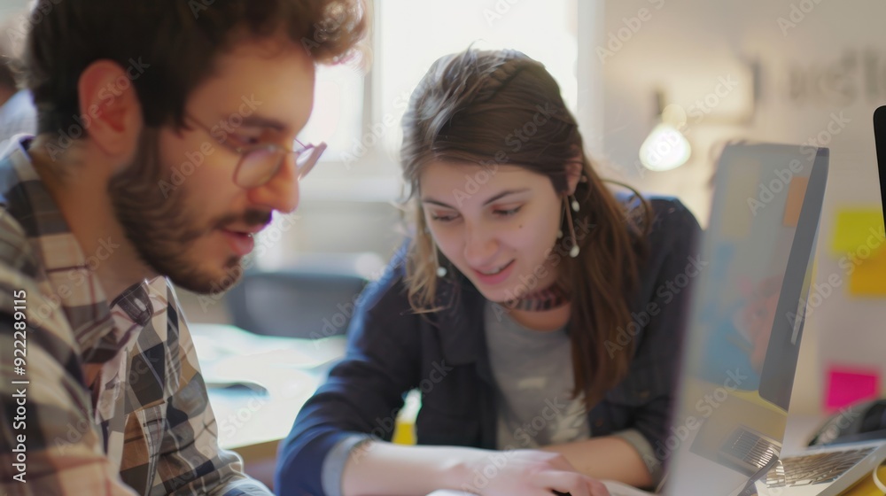 Two young colleagues working together on a project. Two young colleagues working together on a project.