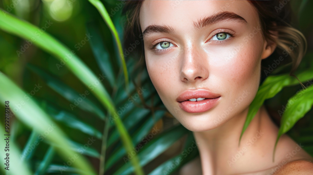 Beautiful woman with perfect skin, natural makeup, posing against a lush backdrop of tropical green leaves and ferns Beautiful woman with perfect skin, natural makeup, posing against a lush backdrop of tropical green leaves and ferns