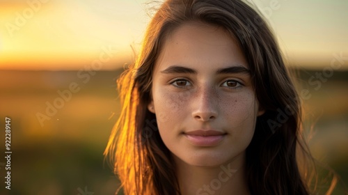 Golden Hour Gaze: A young woman's serene beauty is illuminated by the warm glow of sunset, her gaze reflecting tranquility and a connection to nature. 