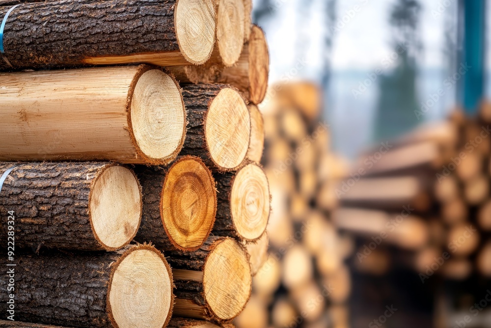 Stacked timber logs at sunrise in forest Stacked timber logs at sunrise in forest