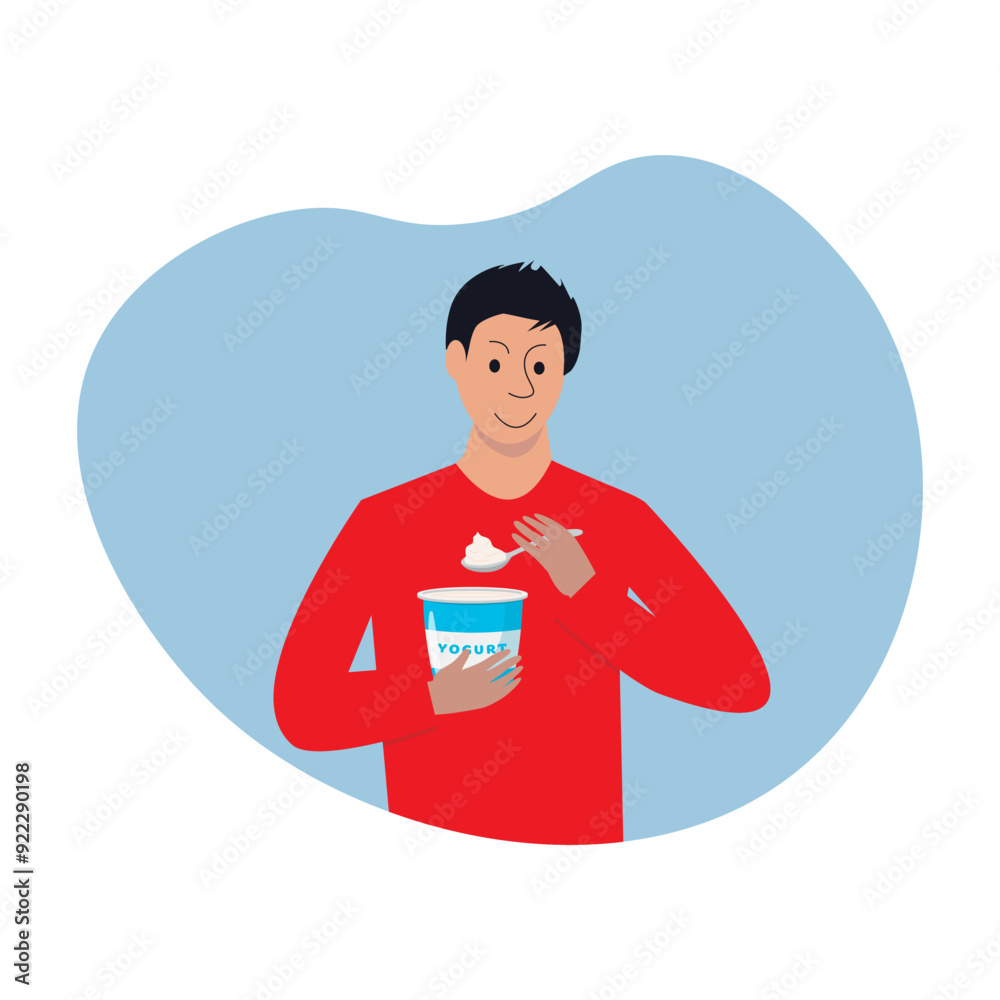 Young man eating dessert with a spoon from a jar. Happy male character snacking sweet ior yogurt.