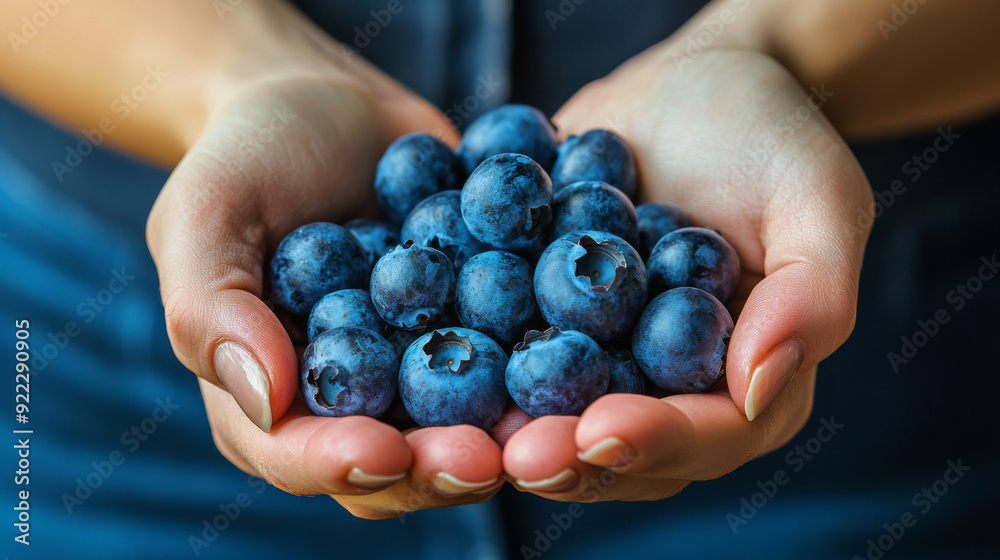A hand holding a bunch of blueberries, fresh new harvest A hand holding a bunch of blueberries, fresh new harvest