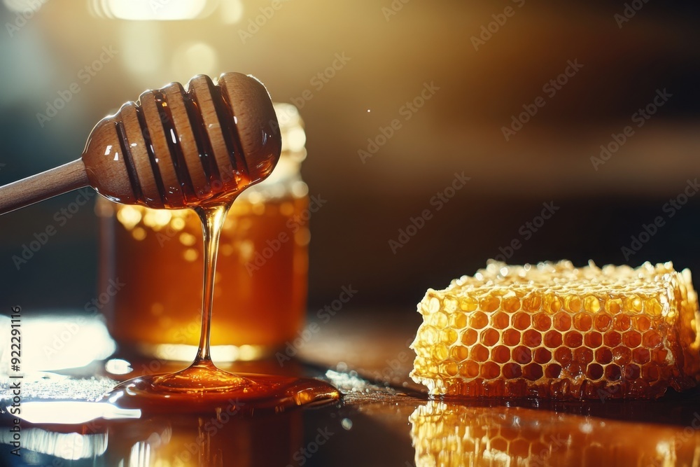 Fresh honeycomb dripping golden honey onto a rustic wooden table, showcasing the natural beauty and rich texture of this sweet treat.
