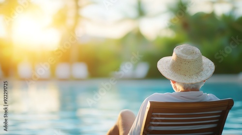 An elderly man relaxes by a tropical pool at sunset, enjoying peaceful moments in a serene environment.