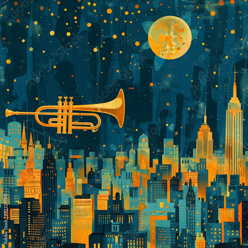 Trumpet over the night city, illustration, jazz ivent poster photo