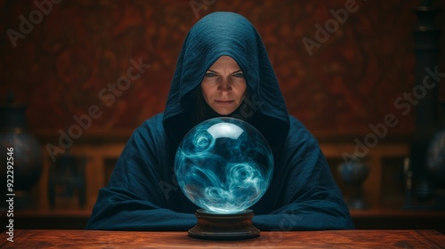 An enigmatic seer in a hooded robe, peering into a crystal ball filled with swirling mist and faint images of distant places, surrounded by an array of arcane objects, copy space for text, focus