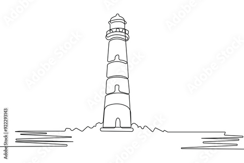 Hand-drawn lighthouse tower one-line art drawing. Tower continuous outline isolated on white background.