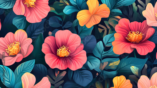 Lush floral pattern with vivid flowers and leaves, background for invitation, mother's day card