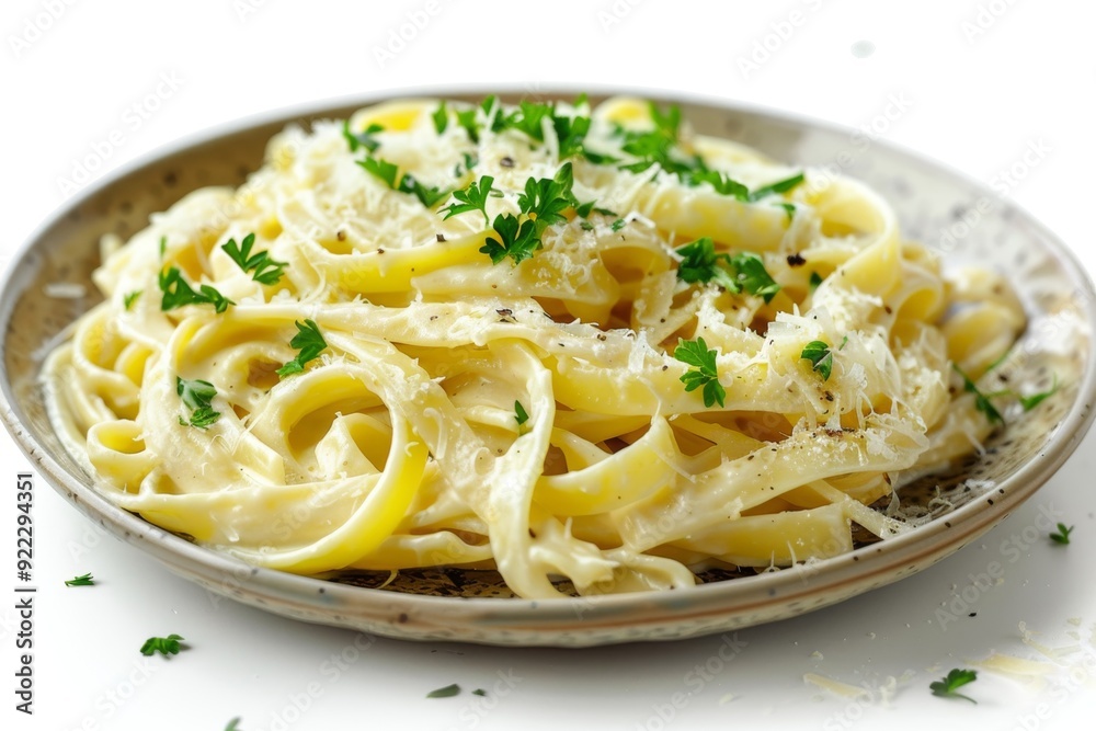 A plate of creamy fettuccine Alfredo garnished with parsley and Parmesan cheese, A plate of creamy fettuccine Alfredo garnished with parsley and Parmesan cheese,