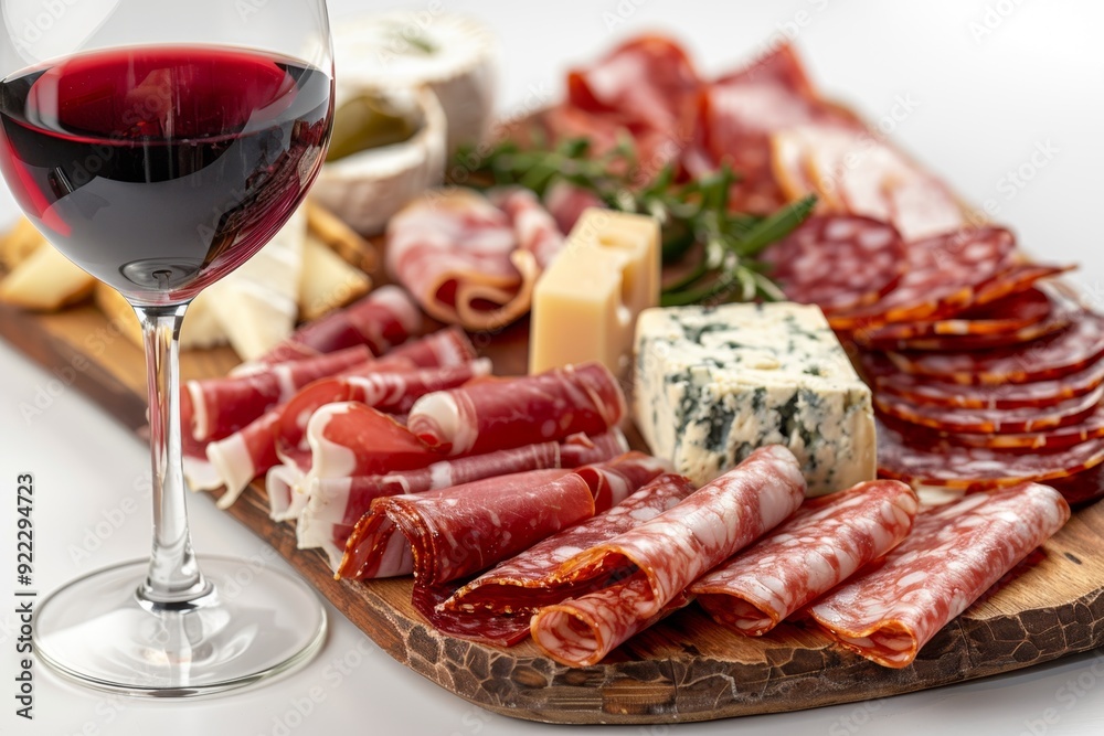 A glass of red wine next to a charcuterie board with assorted Italian cheeses and meats A glass of red wine next to a charcuterie board with assorted Italian cheeses and meats