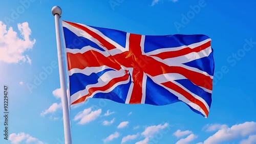A Union Jack flag waving proudly against a bright blue sky with white clouds.