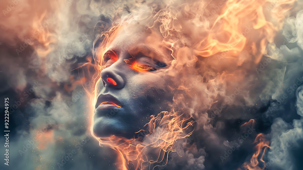 Abstract image of a man face in fire and smoke Abstract image of a man face in fire and smoke