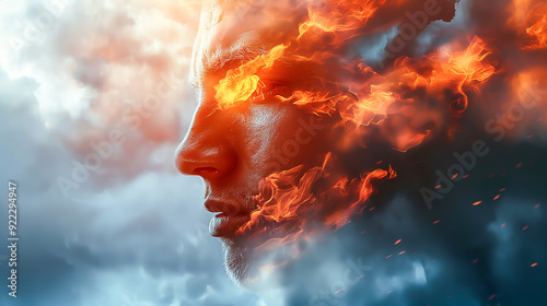 Abstract image of a man face in fire and smoke photo