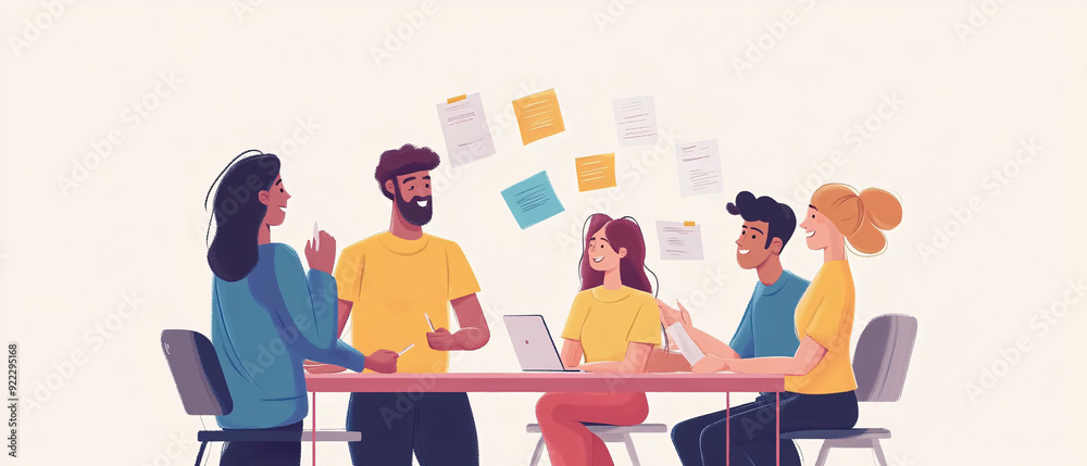 Diverse Team Brainstorming Ideas at Meeting Table with Sticky Notes, Diverse Team Brainstorming Ideas at Meeting Table with Sticky No