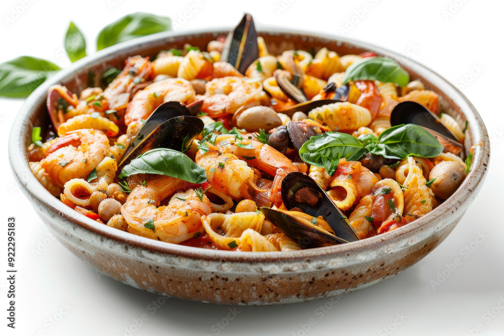 An Italian seafood pasta dish with mussels, clams, and shrimp An Italian seafood pasta dish with mussels, clams, and shrimp