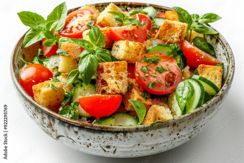 A bowl of panzanella salad with ripe tomatoes, cucumbers A bowl of panzanella salad with ripe tomatoes, cucumbers