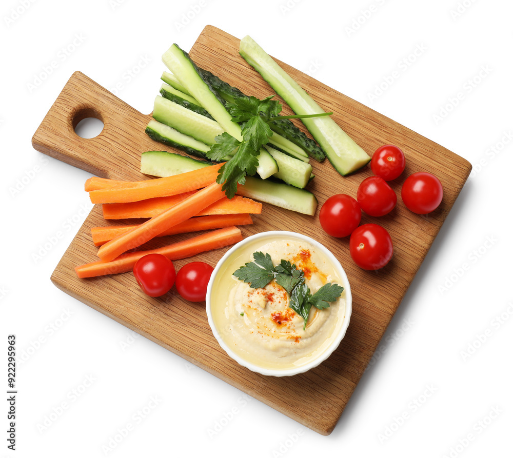 Tasty homemade hummus and different vegetables isolated on white, top view Tasty homemade hummus and different vegetables isolated on white, top view