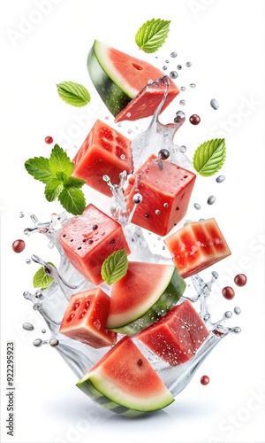Creative Exotic Watermelon Fruit in Mid Air with Swirling Ice and Juice, Dynamic Splashing Action and Vibrant Liquid Motion for Fresh, Energetic Visuals for Poster and Digital Design