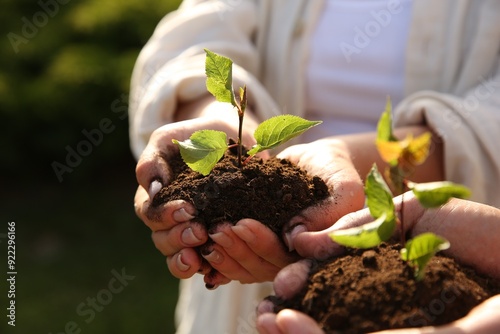 Couple holding seedlings with soil outdoors, closeup