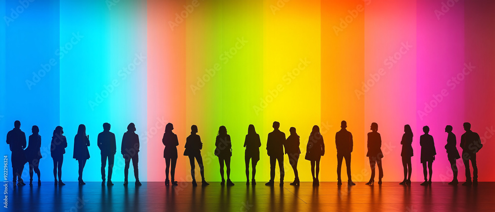 Silhouettes of People Standing Before a Vibrant Rainbow Wall, Diversity and Inclusion Concept, Di