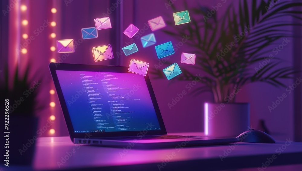 3d render of laptop with flying envelopes and letter, illustrating the concept of email marketing. 3d render of laptop with flying envelopes and letter, illustrating the concept of email marketing.