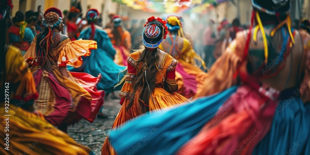 Fototapeta premium A group of people are dancing in the street, wearing colorful clothing