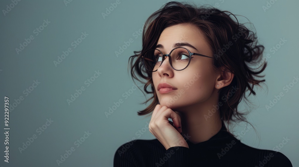 Professional businesswoman with glasses, looking thoughtful. Ample copy space on the left side Professional businesswoman with glasses, looking thoughtful. Ample copy space on the left side