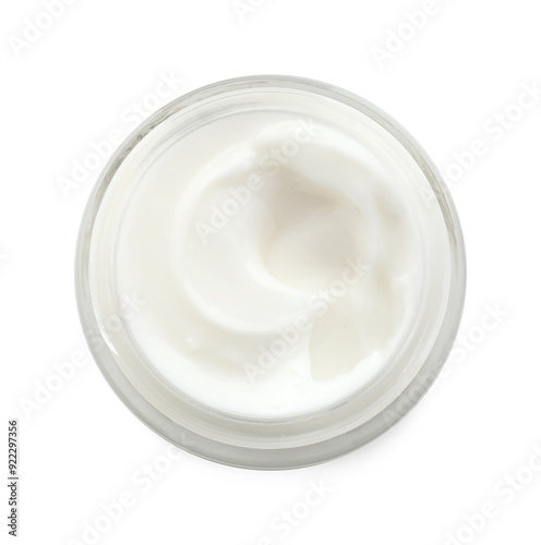 Face cream in jar isolated on white, top view