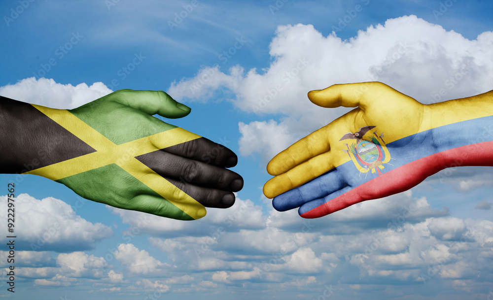 Ecuador and Jamaica country handshaking with flags, consensus concept international co-operation illustration