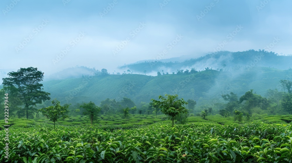 The lush green tea plantations of Assam, with blank space for text on the right. The lush green tea plantations of Assam, with blank space for text on the right.
