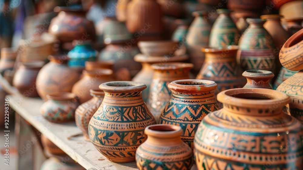 Traditional Indian pottery on display, with copy space on the left. Traditional Indian pottery on display, with copy space on the left.