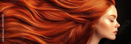 Vibrant waves of fiery red hair flow gracefully against a dark background, showcasing the beauty and movement of luxurious, healthy locks in a striking profile view. photo