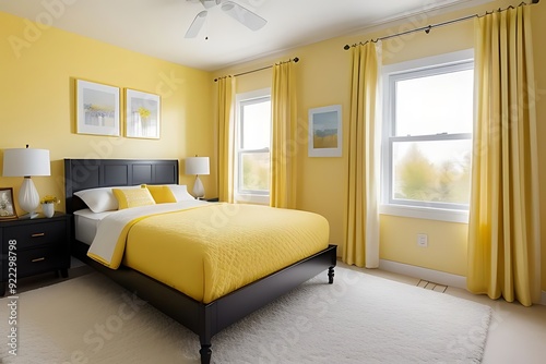 bedroom with yellow decor and framed art