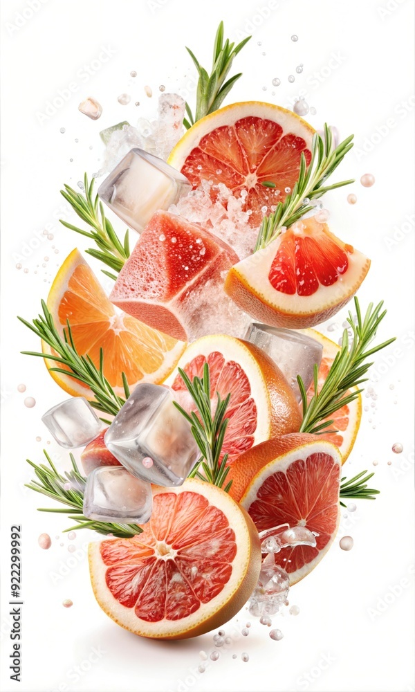 Creative Grapefruit Exotic Fruit in Mid Air with Swirling Ice and Juice, Dynamic Splashing Action and Vibrant Liquid Motion for Fresh, Energetic Visuals for Poster and Digital Design